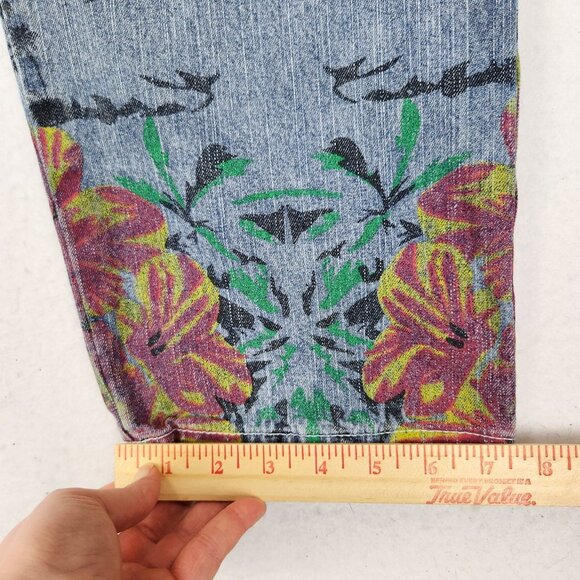 Monthorigin Overalls Womens Large Blue Floral Print Bibs Denim Distressed Casual - Picture 8 of 14